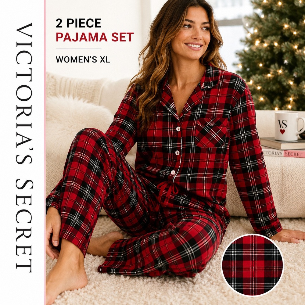 Victoria's‎ Secret Pajamas Women XL Short Red Plaid 2 Piece Set Metallic Sparkle